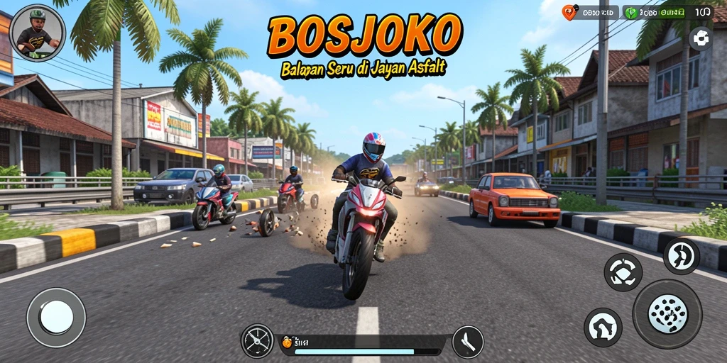 Screenshot gameplay BOSJOKO yang menampilkan aksi balapan seru dan mendebarkan.