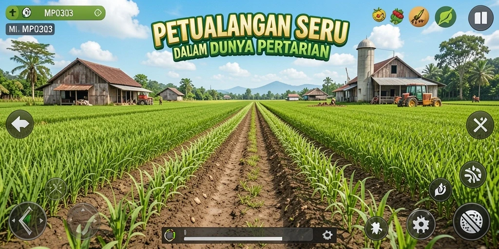 Tampilan gameplay MPO303 dengan ladang yang hijau dan beragam tanaman.