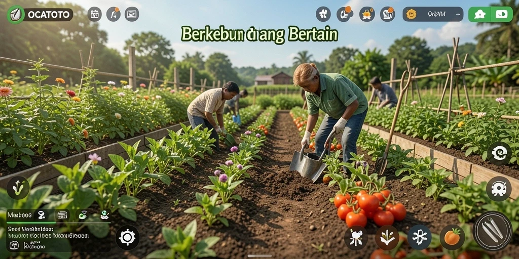 Screenshot OCATOTO menampilkan tanaman subur dan hewan ternak yang lucu.