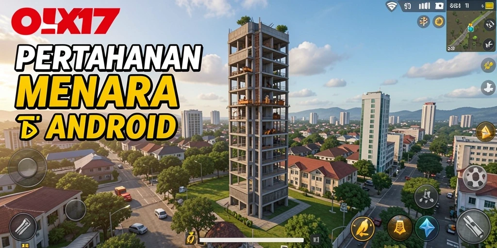Screenshot gameplay OLX17 yang menunjukkan menara bertahan dari serangan musuh.