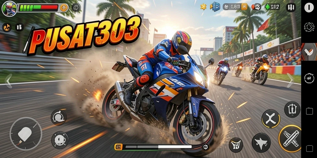 Tampilan gameplay seru PUSAT303 di trek balapan.