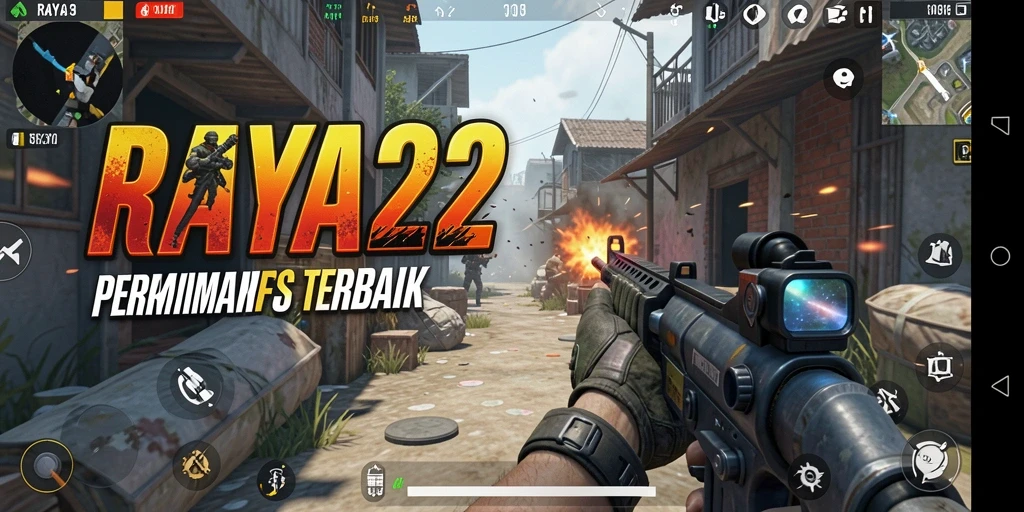 Tampilan gameplay intens RAYA22 di medan perang FPS.