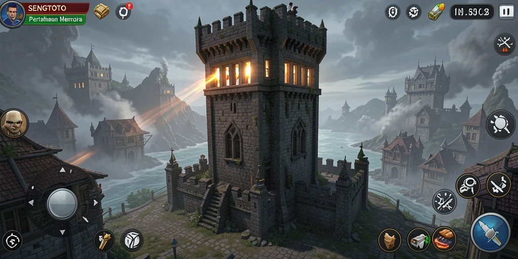 Screenshot gameplay SENGTOTO yang menampilkan pertahanan menara yang dinamis.