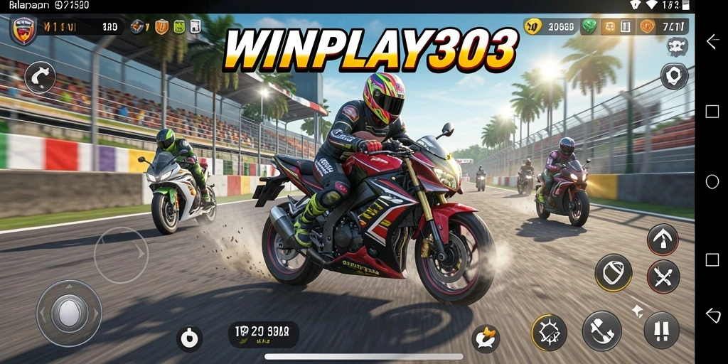 Screenshot gameplay <strong>WINPLAY303</strong> menampilkan aksi balap motor yang intens dan dinamis.